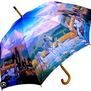 Auto Open Safari Print Umbrella with Wood Hook Handle. Vintage NWT NEW